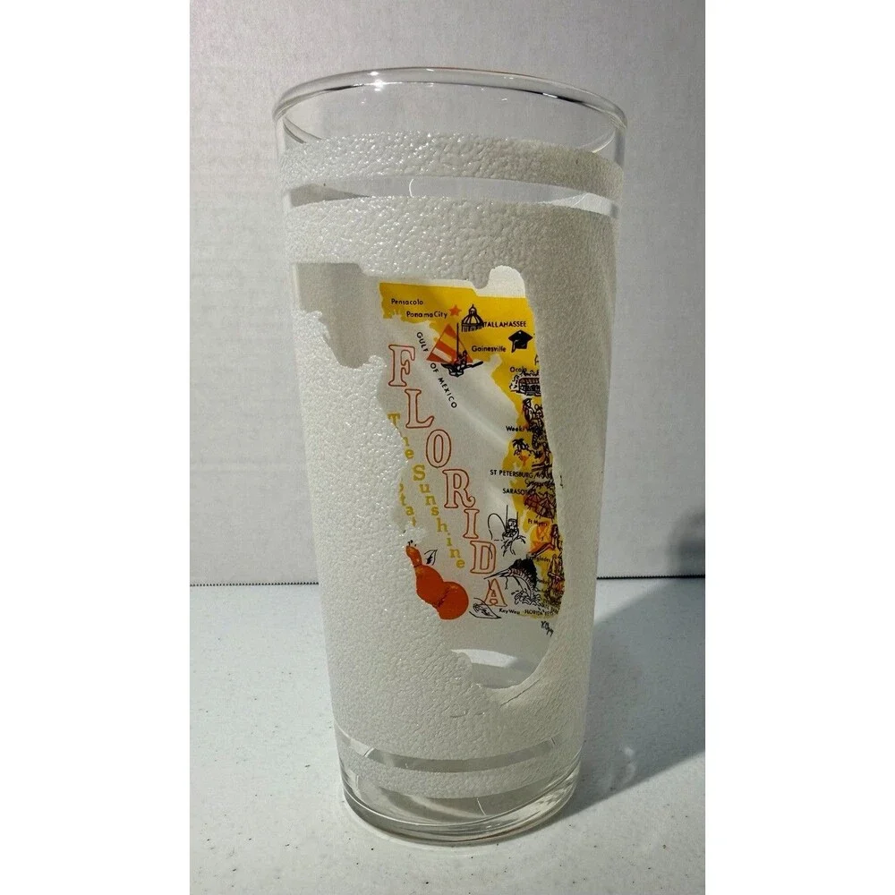 Vintage Florida Textured Drinking Glass  Souvenir 8 Oz Mid Century Map Kitschy